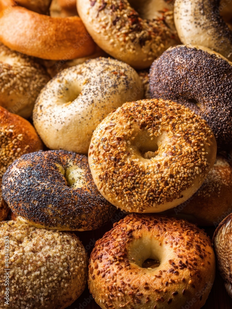An appetizing assortment of bagels with various toppings displayed in a close up shot showing texture and detail perfect for breakfast menu and bakery advertising An appetizing assortment of bagels with various toppings displayed in a close up shot showing texture and detail perfect for breakfast menu and bakery advertising