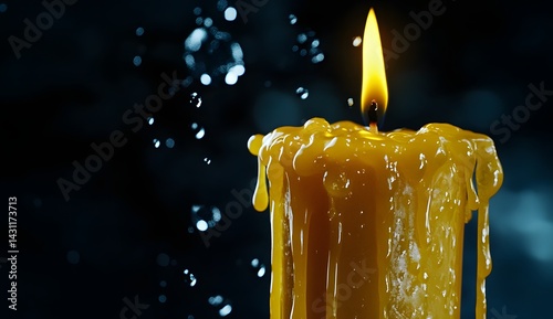 Yellow candle burning on a dark background with water droplets. Yellow wax dripping down the side of a tall,
