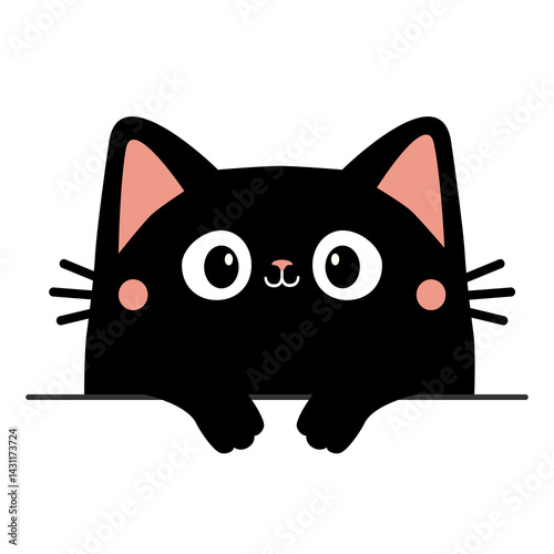 Cute cat kitty black silhouette holding empty paper. Peeking kitten. Paws. Kawaii cartoon funny baby character. Happy Valentines Day. Childish style. Greeting card. Flat design White background Vector