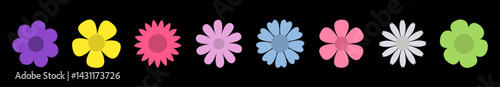 Spring flower set line. Colorful flowers collection. Daisy chamomile, chrysanthemum, daffodil, sun flower. Growing concept. Fresh and blooming elements. Flat design. Isolated. Black background. Vector