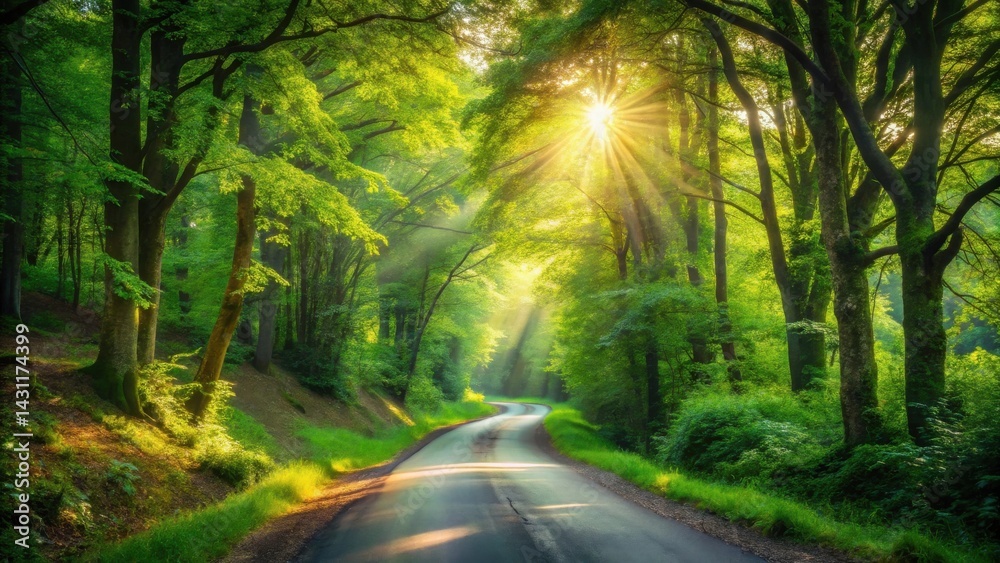 Fototapeta premium Sunlit Path Through a Lush Green Forest Canopy with Rays of Sunlight Illuminating the Winding Road