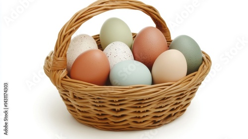 Wallpaper Mural Rustic Wicker Basket Filled with Colorful Easter Eggs on White Background in Studio Shot Close Up Torontodigital.ca