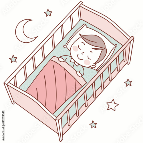 A baby peacefully sleeping in a crib. Top view. The child, has a gentle smile on its face.Concept of baby comfort sleep. Vector illustration