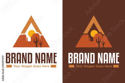 desert sunset with mountains and cactus illustration vector logo design