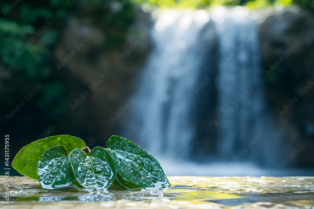 Close-up fallen leaves softly resting on empty brown wooden counter with the sound of waterfall in background. Taken outdoors during day to reflect peaceful nature and relaxing mood.