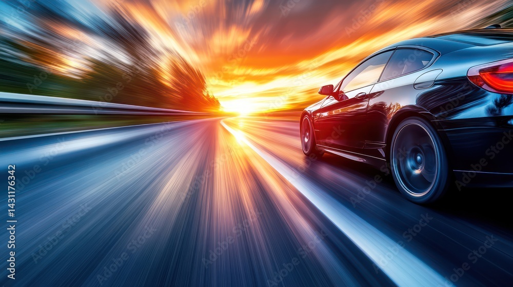 Fast car on highway at sunset Fast car on highway at sunset