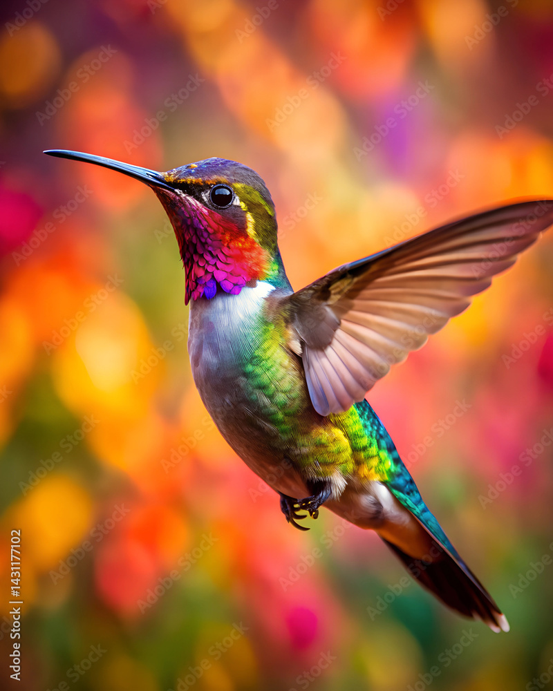 Fototapeta premium A colorful flying hummingbird with a colorful background. A green hummingbird in mid flight with blurred wings. Surrounded by colorful background
