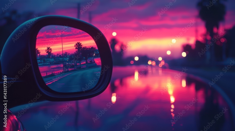 Sunset reflected in car mirror, city street Sunset reflected in car mirror, city street