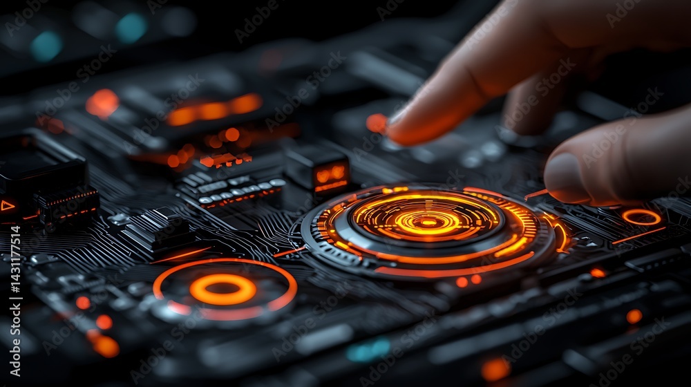 Obraz premium Futuristic Control Panel with Glowing Orange Elements and Human Interaction in Dark Environment