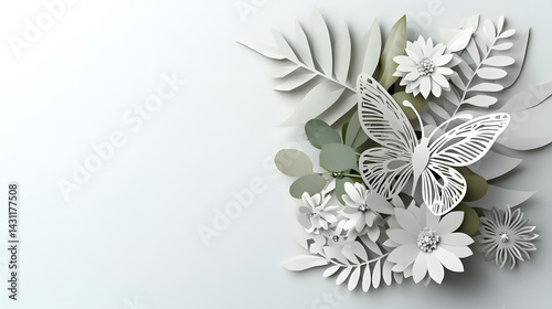 A white background with a butterfly and flowers. Generated using AI.