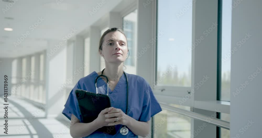 Female Nurse with Medical Tablet Walking in Hospital
