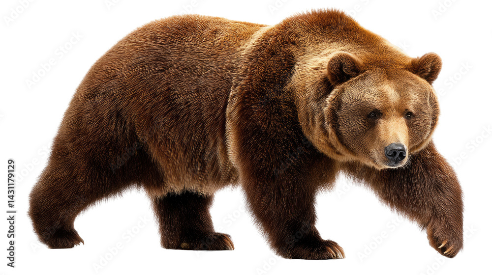 Obraz premium Majestic Bear's Stride: A powerful brown bear strides confidently, showcasing its robust physique and commanding presence in a captivating portrait. 