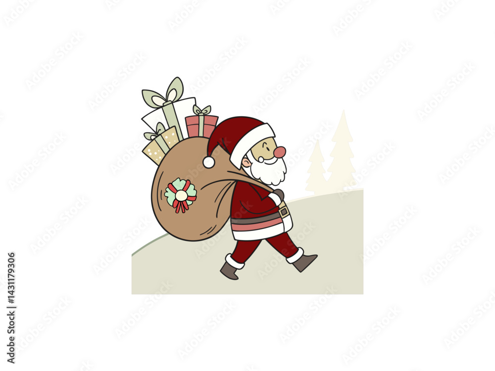 A cartoon depiction of Santa Claus walking across a snowy landscape, carrying a large sack filled with gifts.