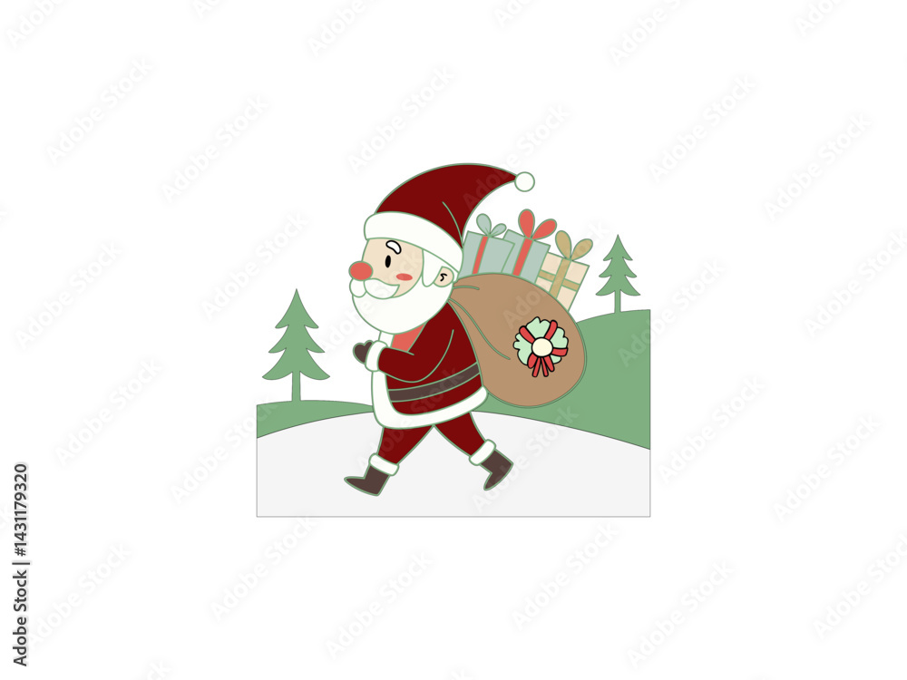 A cartoon depiction of Santa Claus walking across a snowy landscape, carrying a large sack filled with gifts.