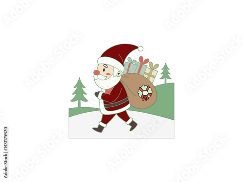 Obraz na płótnie A cartoon depiction of Santa Claus walking across a snowy landscape, carrying a large sack filled with gifts. w salonie