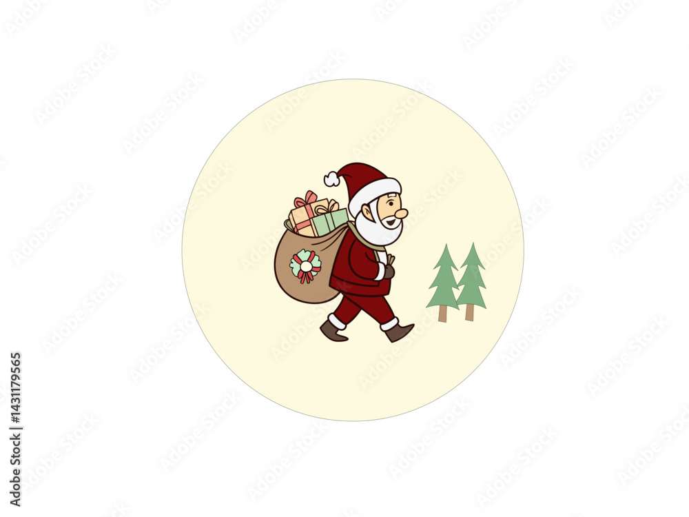 A cartoon depiction of Santa Claus walking across a snowy landscape, carrying a large sack filled with gifts.
