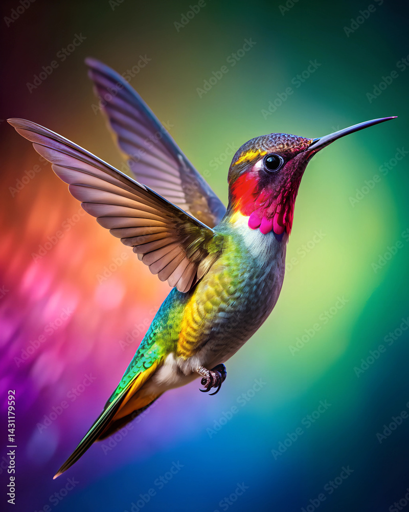 Fototapeta premium A hummingbird in full spectrum. A colorful hummingbird frozen in mid-air. Humming bird showcasing iridescent feathers.
