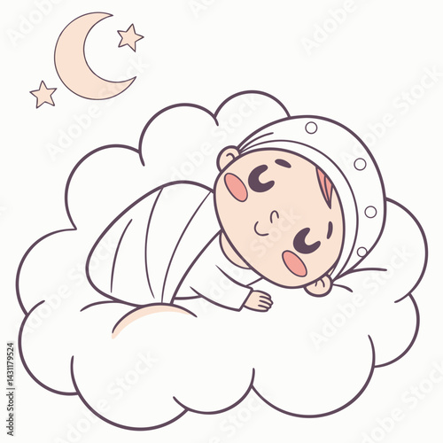 Cute baby sleeping on a cloud isolated. Concept of newborn comfort sleep. Vector illustration