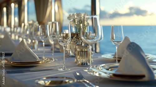 Elegant outdoor dining setup overlooking ocean