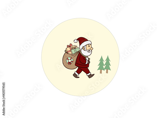 Obraz na płótnie A cartoon depiction of Santa Claus walking across a snowy landscape, carrying a large sack filled with gifts. w salonie
