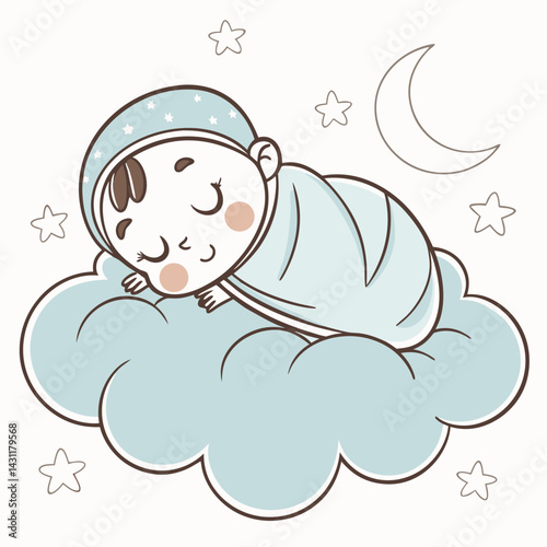Cute baby sleeping on a cloud isolated. Concept of newborn comfort sleep. Vector illustration