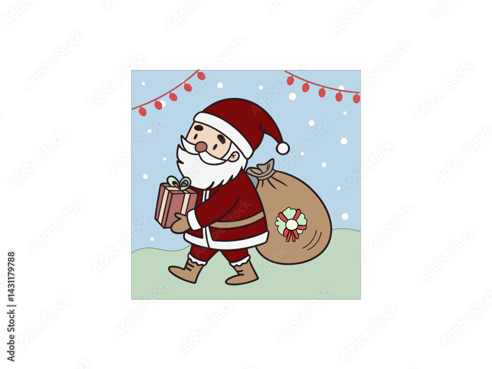 A cartoon depiction of Santa Claus walking across a snowy landscape, carrying a large sack filled with gifts.