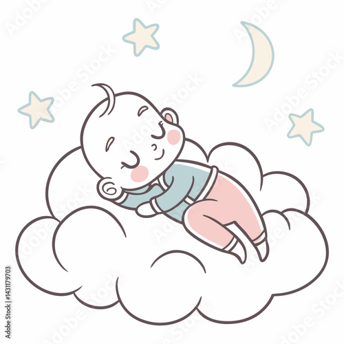 Cute baby sleeping on a cloud isolated. Concept of newborn comfort sleep. Vector illustration