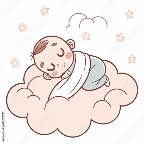 Cute baby sleeping on a cloud isolated. Concept of newborn comfort sleep. Vector illustration