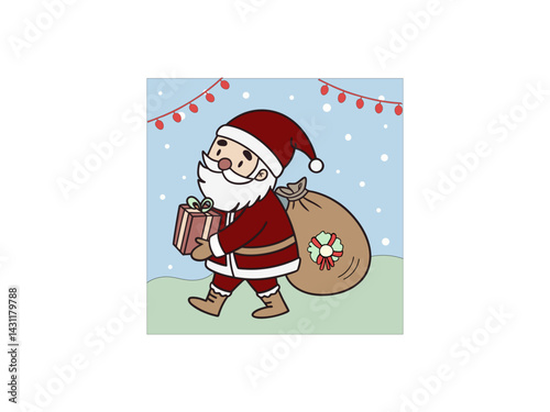 Obraz na płótnie A cartoon depiction of Santa Claus walking across a snowy landscape, carrying a large sack filled with gifts. w salonie