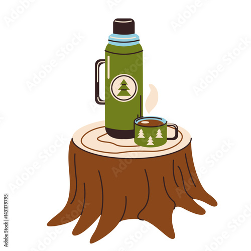 A tea mug and a thermos on a wooden stump. Hot drinks for outdoor activities, camping and travel. Vector illustration in a flat style, isolated on a white background