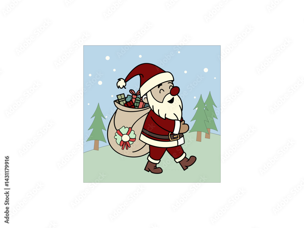 A cartoon depiction of Santa Claus walking across a snowy landscape, carrying a large sack filled with gifts.