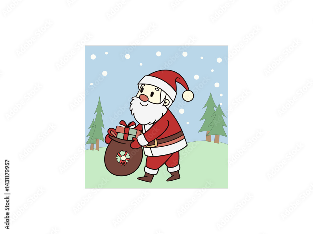 A cartoon depiction of Santa Claus walking across a snowy landscape, carrying a large sack filled with gifts.