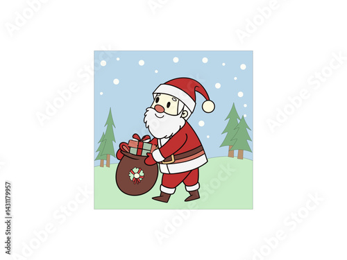Obraz na płótnie A cartoon depiction of Santa Claus walking across a snowy landscape, carrying a large sack filled with gifts. w salonie