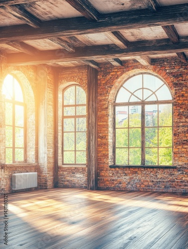 Rustic Loft Interior with Brick Walls Arched Windows and Sunlight Streaming Across Wooden Floors Creating a Warm and Inviting Atmosphere for Modern Living