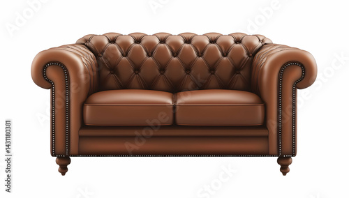 A brown leather sofa with deep seats and buttons, isolated on a white background. The vintage loveseat is made of high-quality leather, showcasing its natural texture and soft sheen.