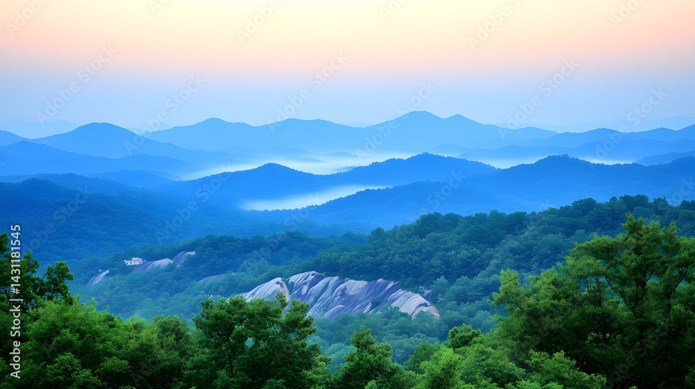 Obraz premium Serene Blue Ridge Mountain Landscape at Dawn Majestic Peaks and Lush Forests