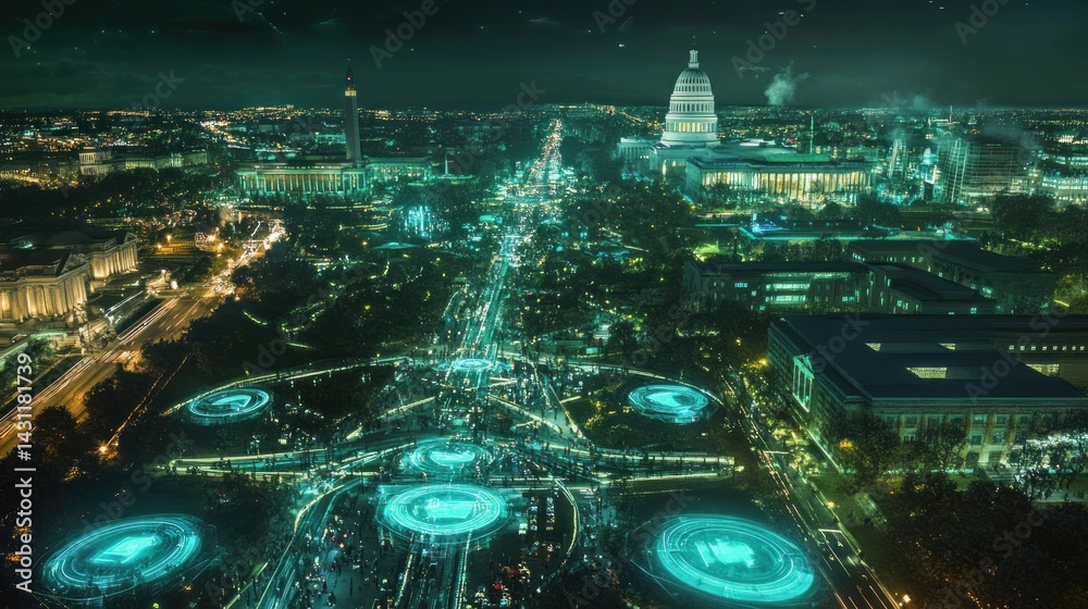 Naklejka premium Futuristic aerial view of Washington D.C. at night, overlaid with holographic interface elements