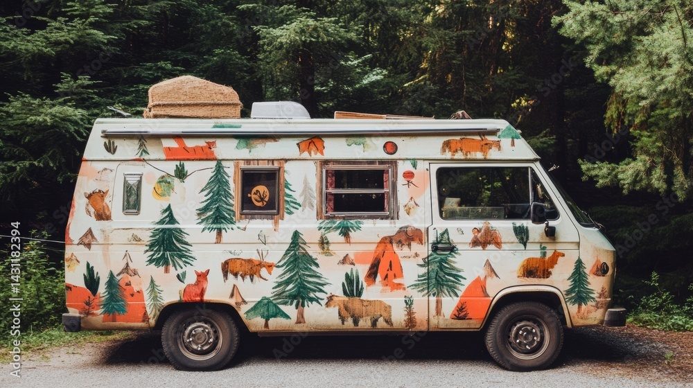 Vintage Camper Van Decorated With Pine Trees and Adventure Icons Parked in the Forest During Daytime Generative AI