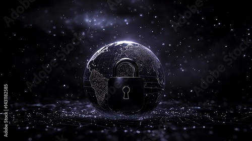 Global Security Concept with Lock and Digital Connections in Dark Universe Background