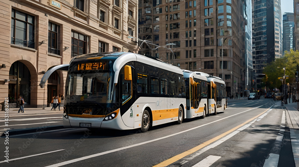 Fototapeta premium Bullet-speed, solar-powered buses gliding on magnetic roads through the heart of the city with AI conductors.