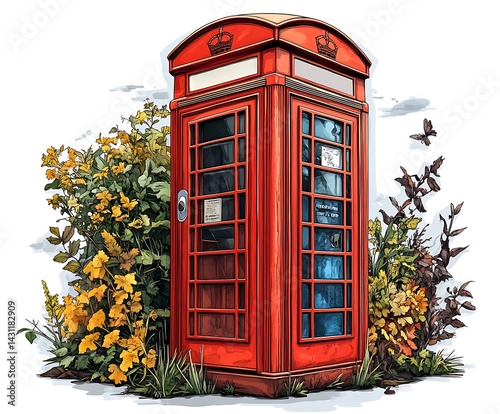 Charming red phone booth surrounded by flowers and foliage illustration