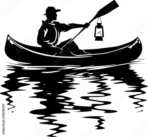 Canoe man and lantern black and white vector illustration, simple silhouette design