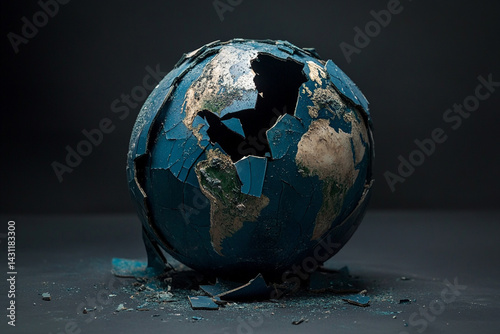 A cracked and fragmented globe representing a damaged planet earth photo