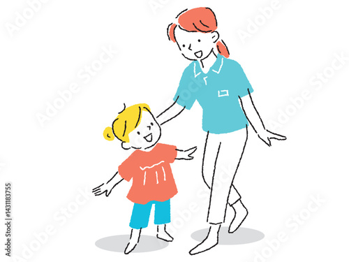 保育園の先生と女の子の喜んでいるイラスト　手描きタッチ