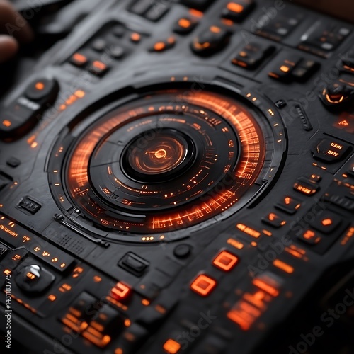 Futuristic audio control panel with glowing orange accents.  Detailed buttons, knobs, and a central circular dial photo