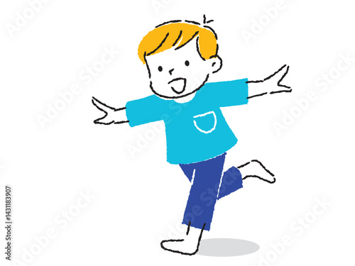 両手を上げて笑顔で走っている男の子のイラスト　手描きタッチ