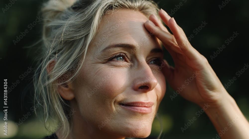 Fototapeta premium Thoughtful mature woman enjoying nature and sunlight, capturing beauty in aging