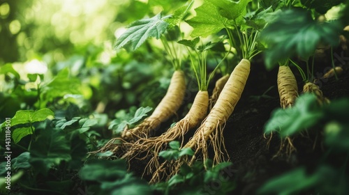 Freshly grown pale roots emerging from rich soil, surrounded by vibrant green foliage photo