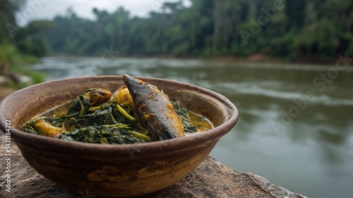 Gabonese Nyembwe stew featuring smoked fish and spinach in pottery bowl against tropical rainforest backdrop