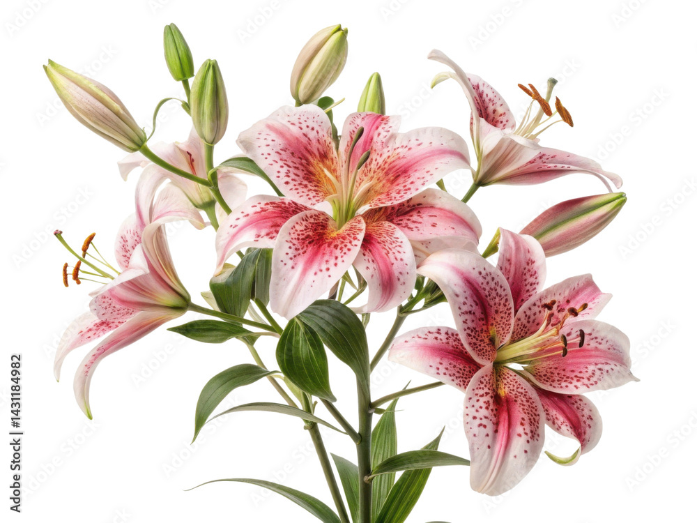 Naklejka premium Beautiful pink lilies bloom gracefully, showcasing their vibrant petals and delicate structure, creating stunning floral display